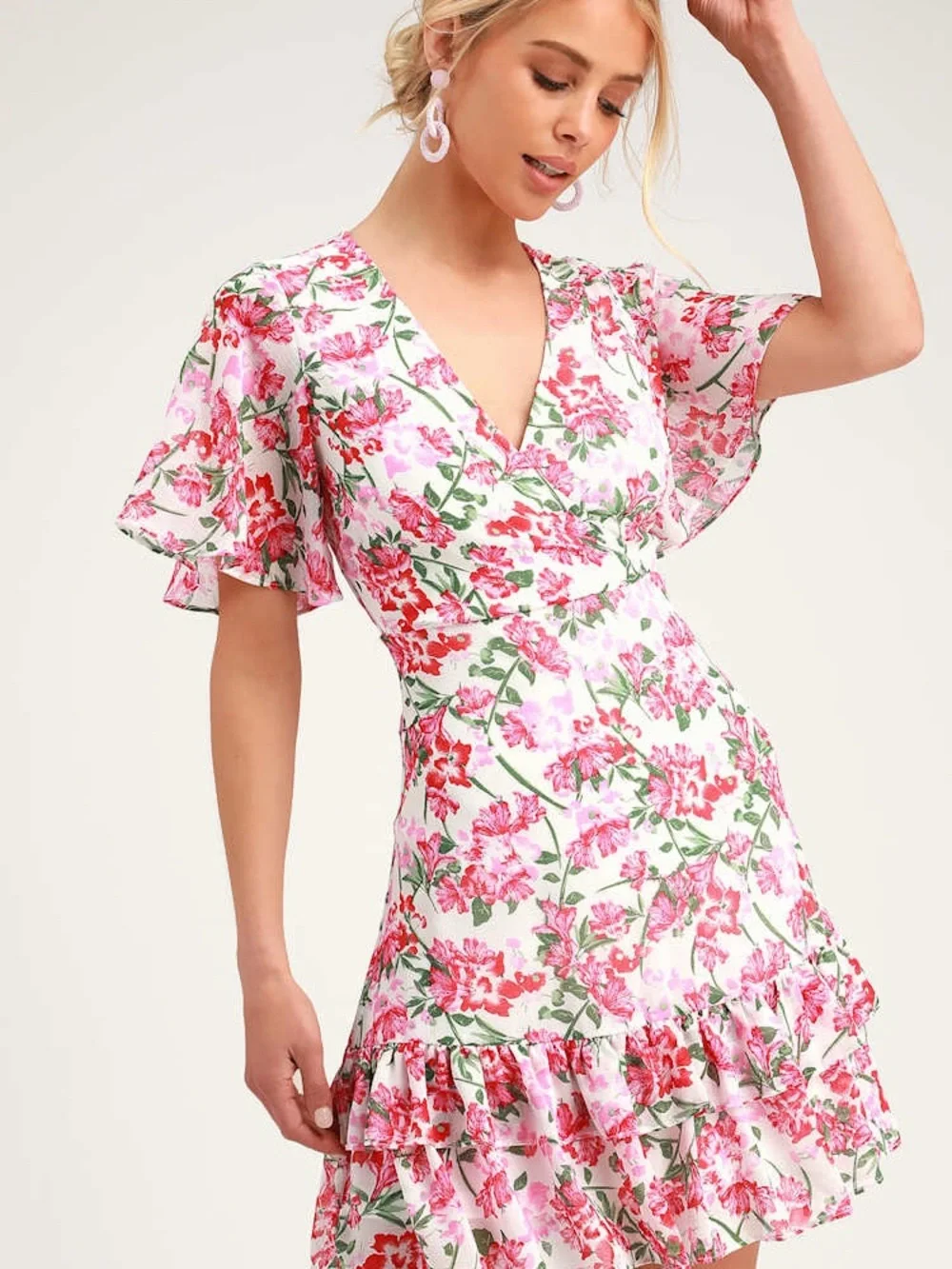 Lulu's Pink Floral Ruffle Mini Dress - Picture 3 of 8